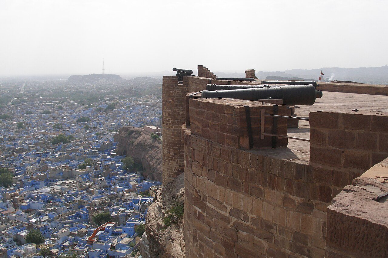 Mehrangarh (Mehran Fort) is one of the largest forts in India. Ancient Mehrangarh castle with carved stone walls. The walled-in fort was the Maharajah's palace and the original cit