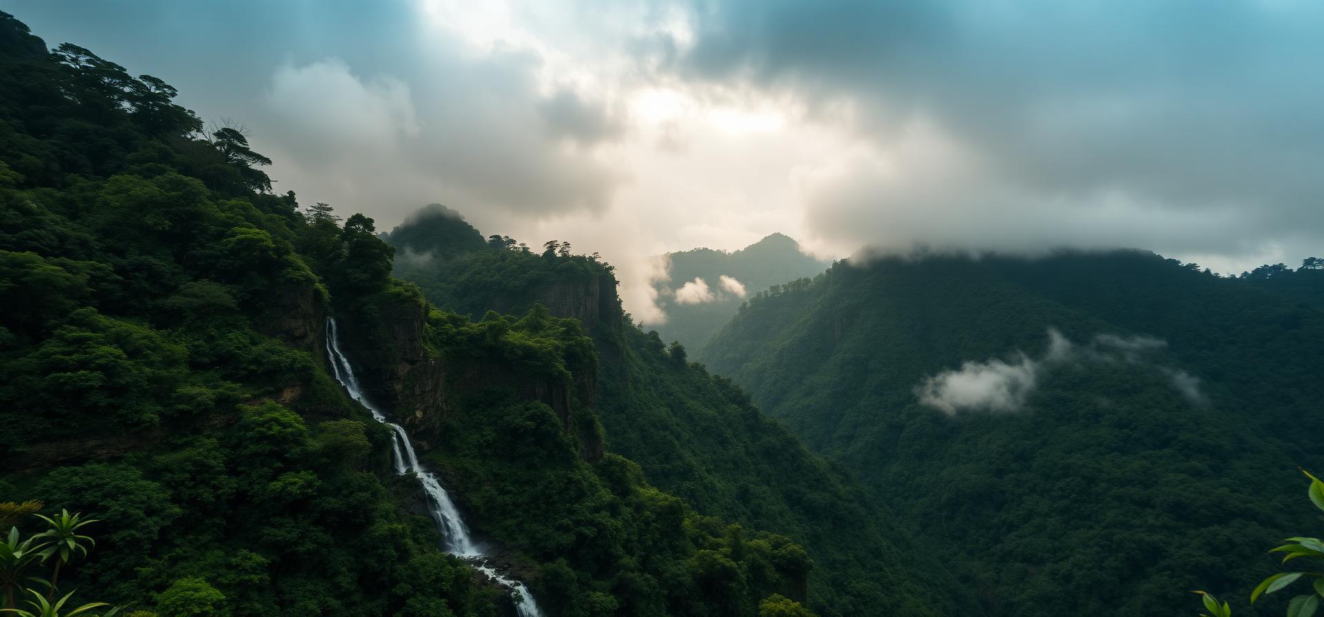 Misty monsoon mountains with waterfalls